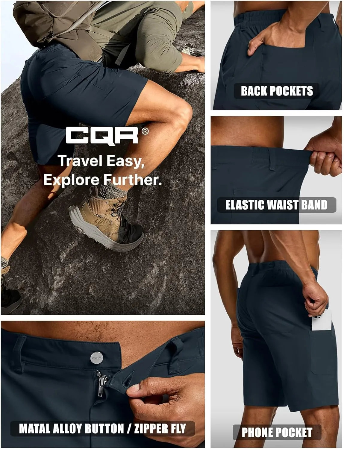 CQR Men's Quick Dry Stretch Hiking Cargo Shorts, Lightweight Water Resistant Tactical Casual, Golf & Outdoor with Pockets