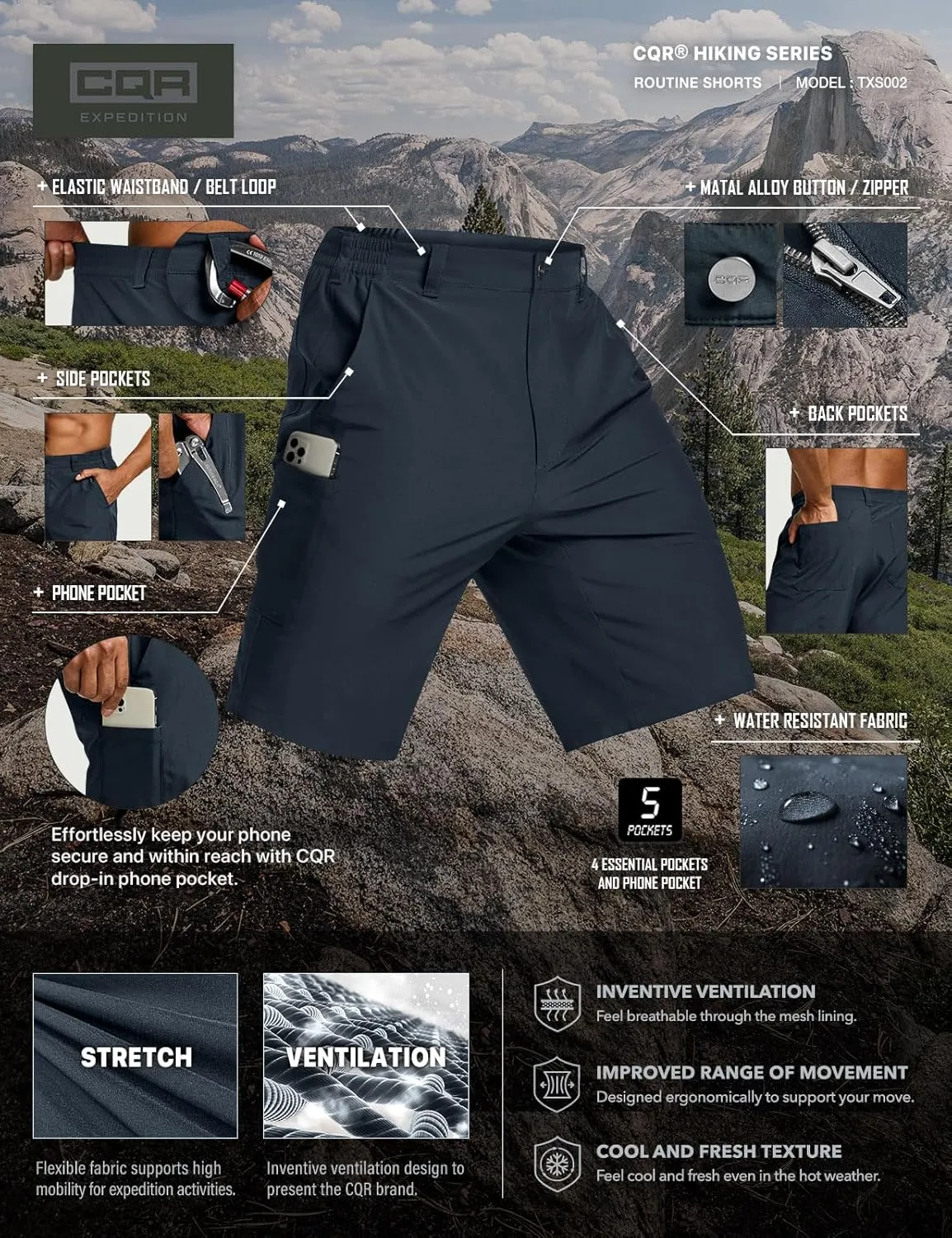 CQR Men's Quick Dry Stretch Hiking Cargo Shorts, Lightweight Water Resistant Tactical Casual, Golf & Outdoor with Pockets