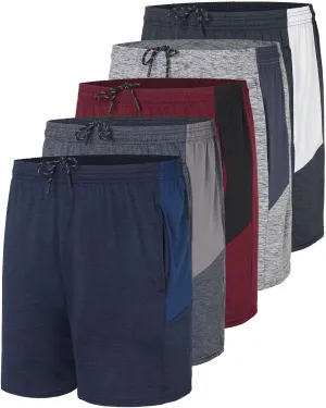 Real Essentials 5 Pack: Men's 5" Inseam Dry-Fit Running Workout Shorts - Pockets & Drawstring (Available in Big & Tall)
