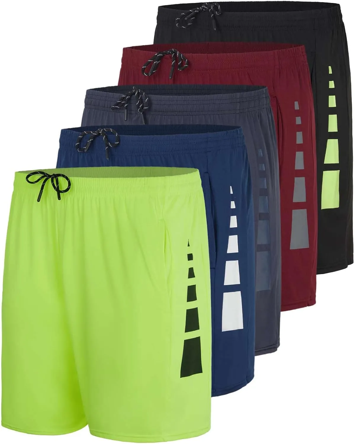 Real Essentials 5 Pack: Men's 5" Inseam Dry-Fit Running Workout Shorts - Pockets & Drawstring (Available in Big & Tall)