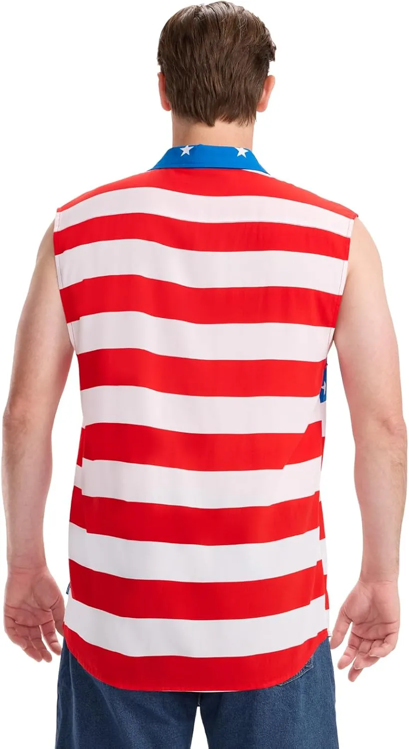 Tipsy Elves 4th of July Sleeveless American Flag Button Down Patriotic Shirt for Men - Men's USA Button Up Shirts for Men