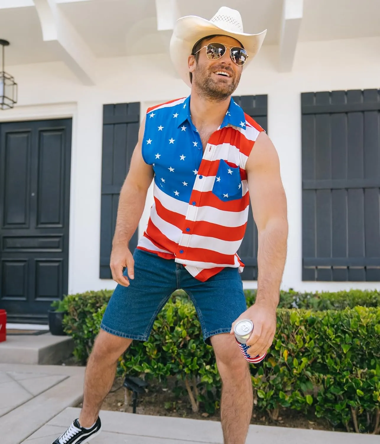 Tipsy Elves 4th of July Sleeveless American Flag Button Down Patriotic Shirt for Men - Men's USA Button Up Shirts for Men