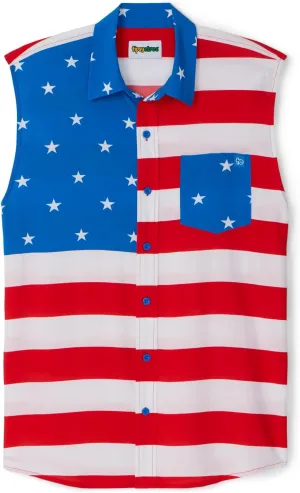 Tipsy Elves 4th of July Sleeveless American Flag Button Down Patriotic Shirt for Men - Men's USA Button Up Shirts for Men