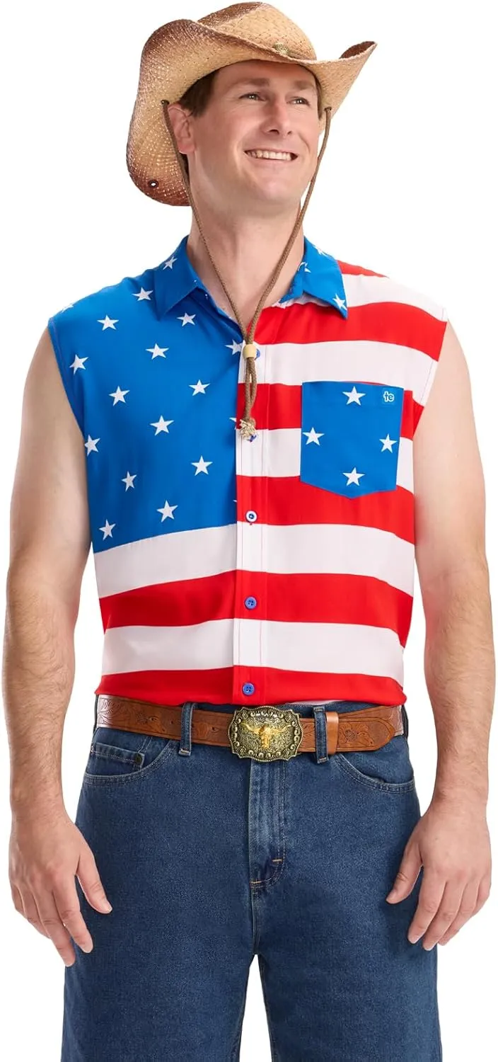 Tipsy Elves 4th of July Sleeveless American Flag Button Down Patriotic Shirt for Men - Men's USA Button Up Shirts for Men