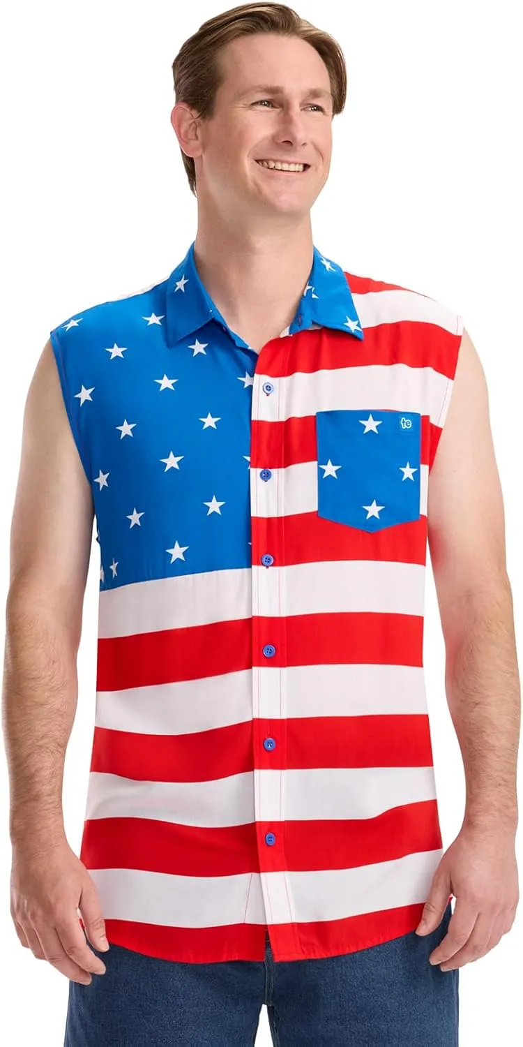 Tipsy Elves 4th of July Sleeveless American Flag Button Down Patriotic Shirt for Men - Men's USA Button Up Shirts for Men