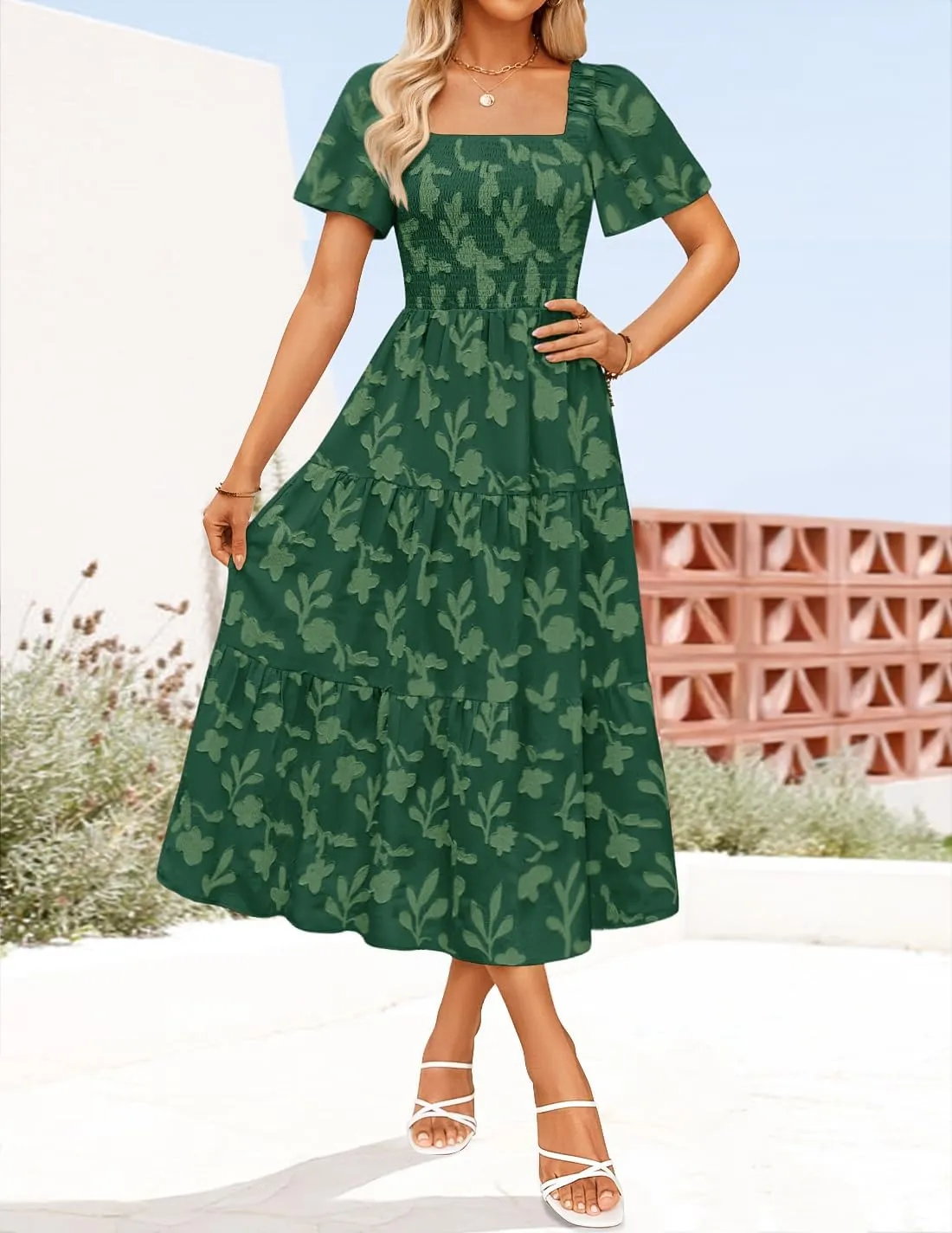 ZESICA Women??s Summer Boho Floral Midi Dress 2025 Casual Short Sleeve Square Neck Flowy Beach Vacation Long Dress