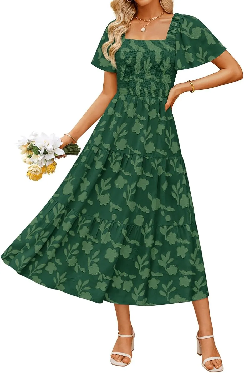 ZESICA Women??s Summer Boho Floral Midi Dress 2025 Casual Short Sleeve Square Neck Flowy Beach Vacation Long Dress