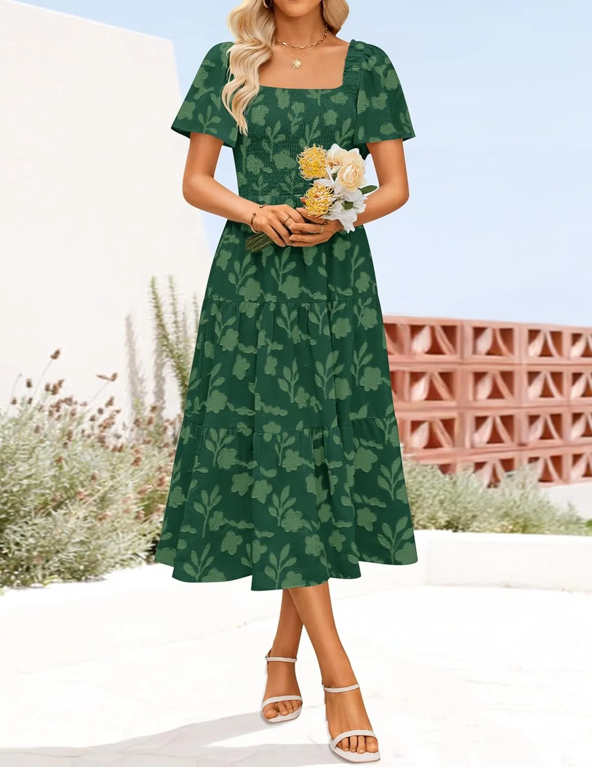 ZESICA Women??s Summer Boho Floral Midi Dress 2025 Casual Short Sleeve Square Neck Flowy Beach Vacation Long Dress