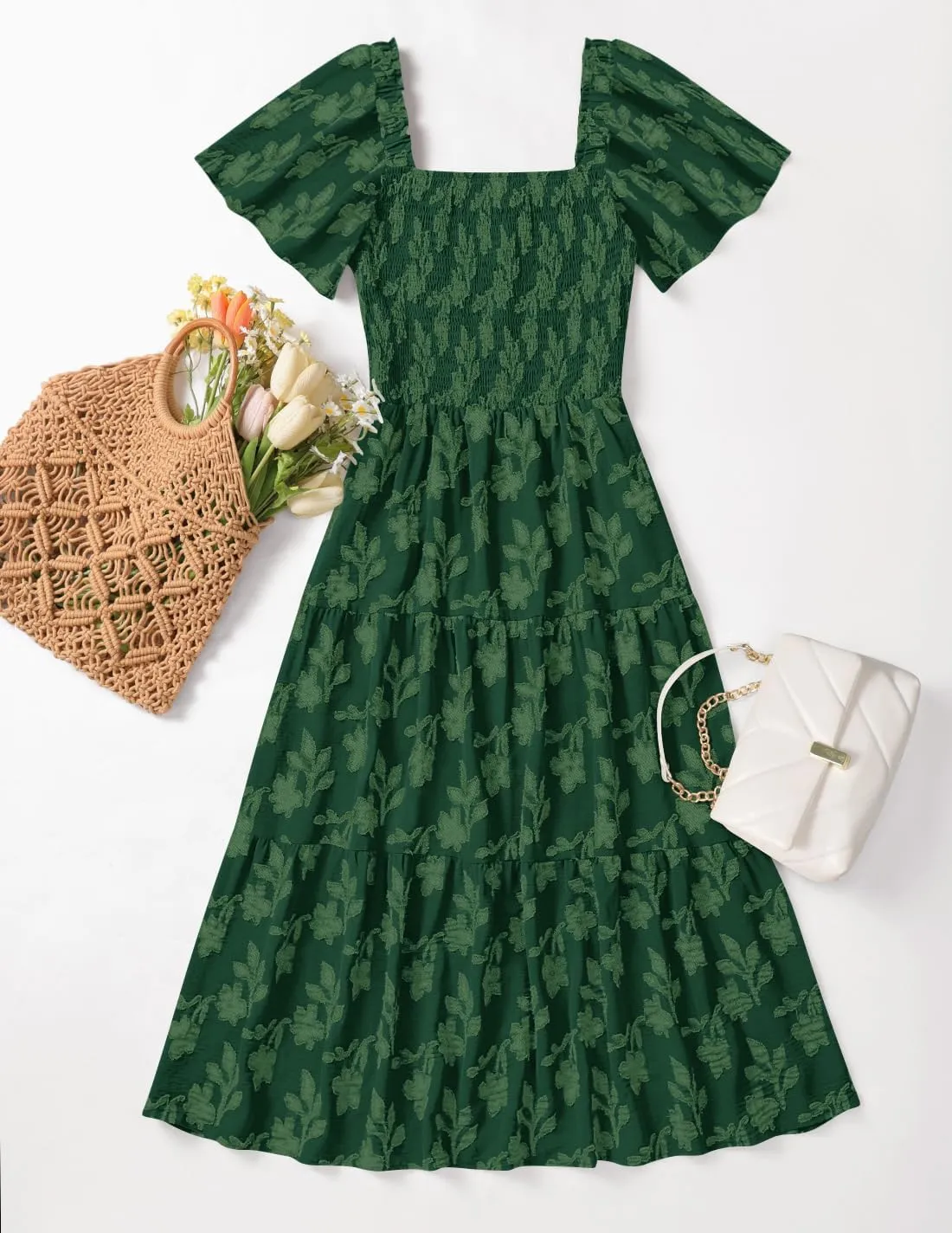 ZESICA Women??s Summer Boho Floral Midi Dress 2025 Casual Short Sleeve Square Neck Flowy Beach Vacation Long Dress