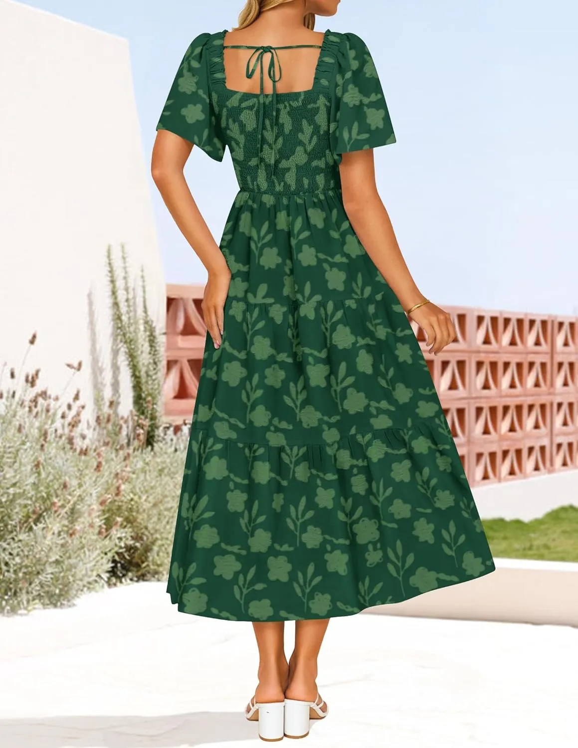 ZESICA Women??s Summer Boho Floral Midi Dress 2025 Casual Short Sleeve Square Neck Flowy Beach Vacation Long Dress