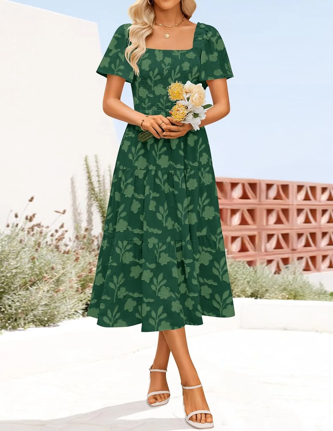 ZESICA Women??s Summer Boho Floral Midi Dress 2025 Casual Short Sleeve Square Neck Flowy Beach Vacation Long Dress